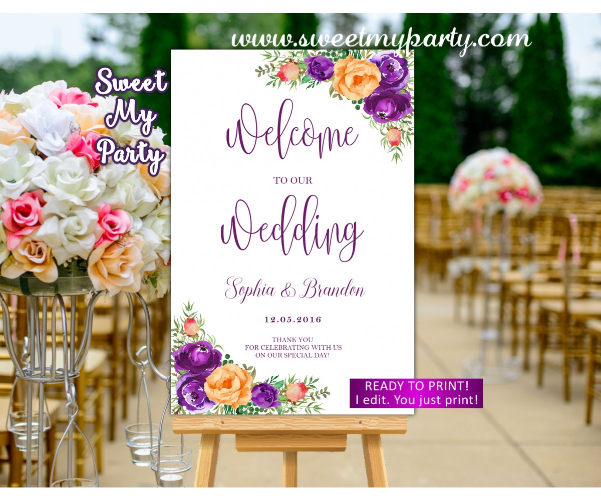 Lilac Orange Wedding Welcome Sign,Purple orange Wedding Welcome sign,(104w)